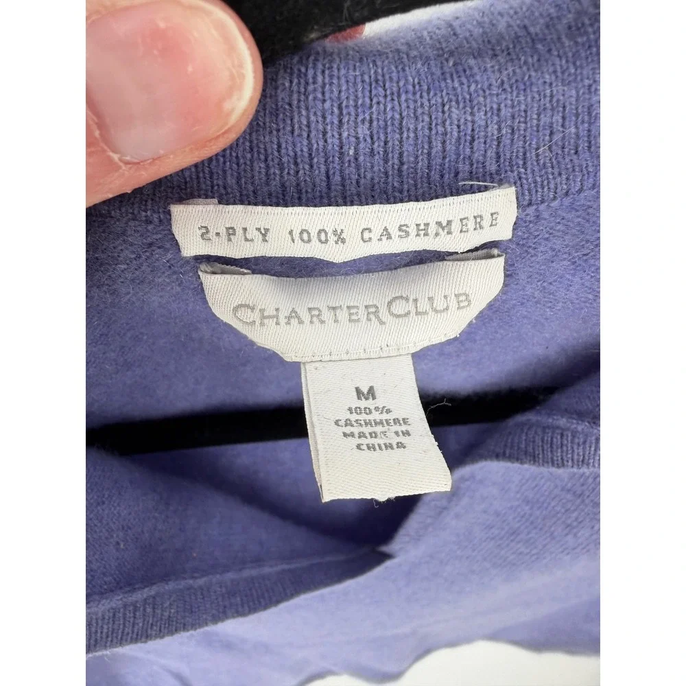 Charter Club Polo Sweater Womens Medium Blue 100% Cashmere V-Neck Quiet Luxury